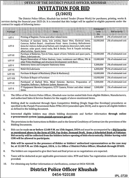 Police Department Khushab Tender Notice
